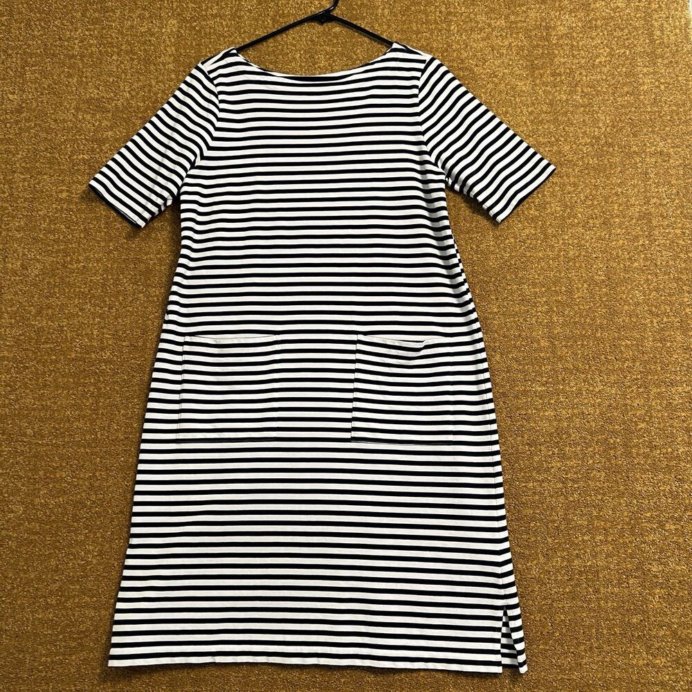 J Jill 100% Cotton Medium Striped Sailor Dress Pockets Nautical Boat Neck